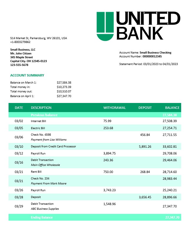 Modèle Word et PDF de relevé de compte d'entreprise United Bank template